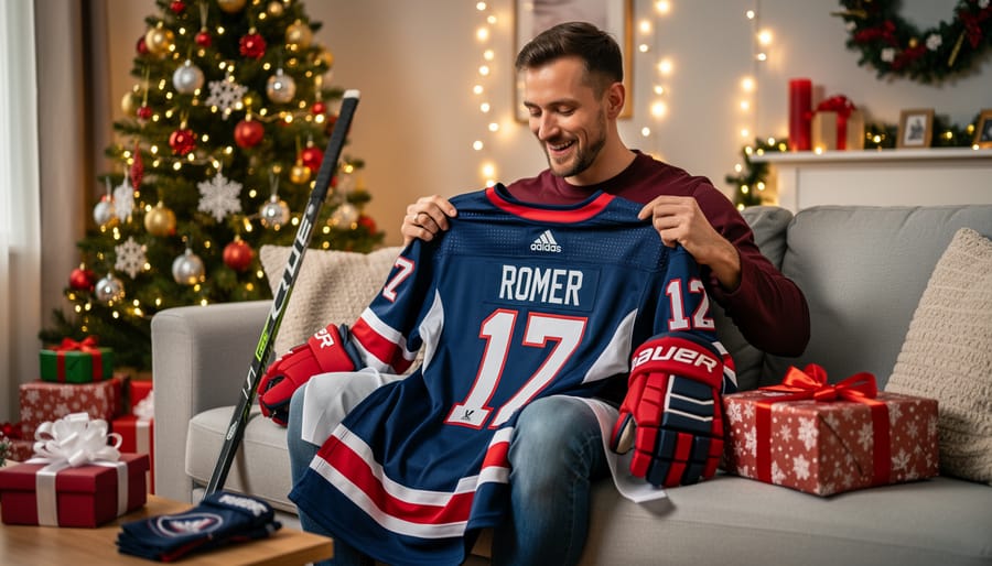 A hockey fan opening a wrapped Christmas gift with a personalized jersey and engraved puck visible