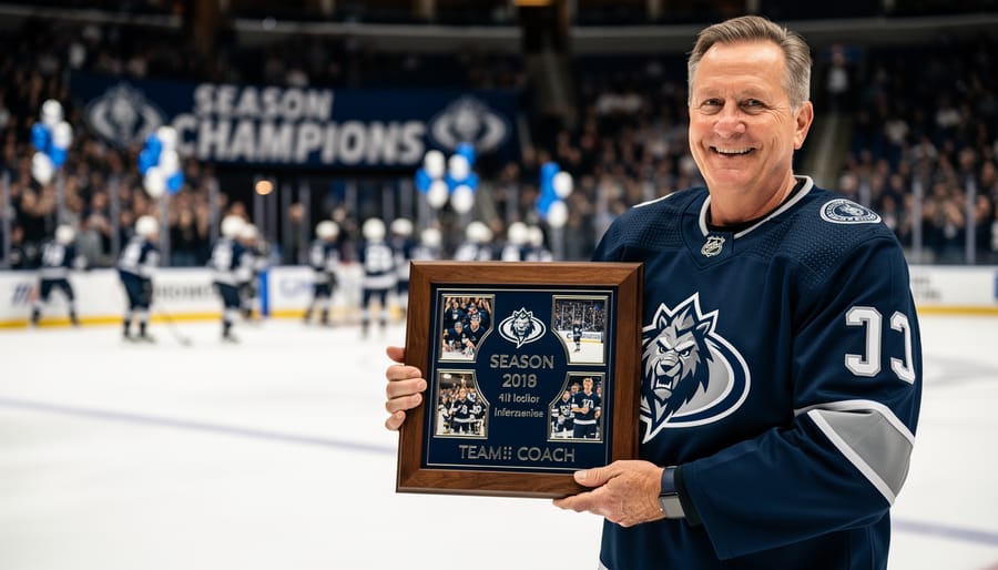 Ice hockey coach holding a personalized team keepsake plaque near the rink