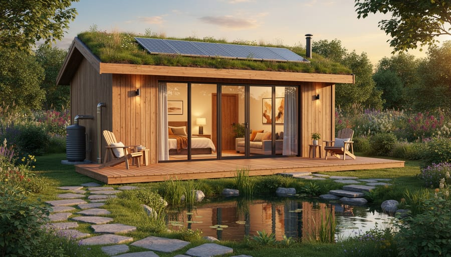 Sustainable eco-lodge cabin in forest setting during winter evening