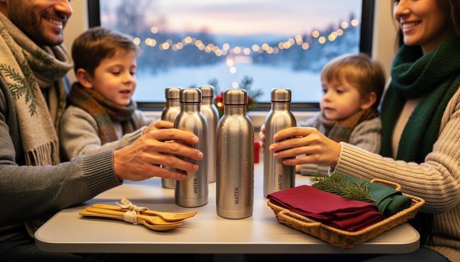 Parent and child on a modern train use reusable stainless-steel water bottles and cloth napkins at a small table, with warm winter light and a blurred snowy countryside glowing with holiday lights outside the window.
