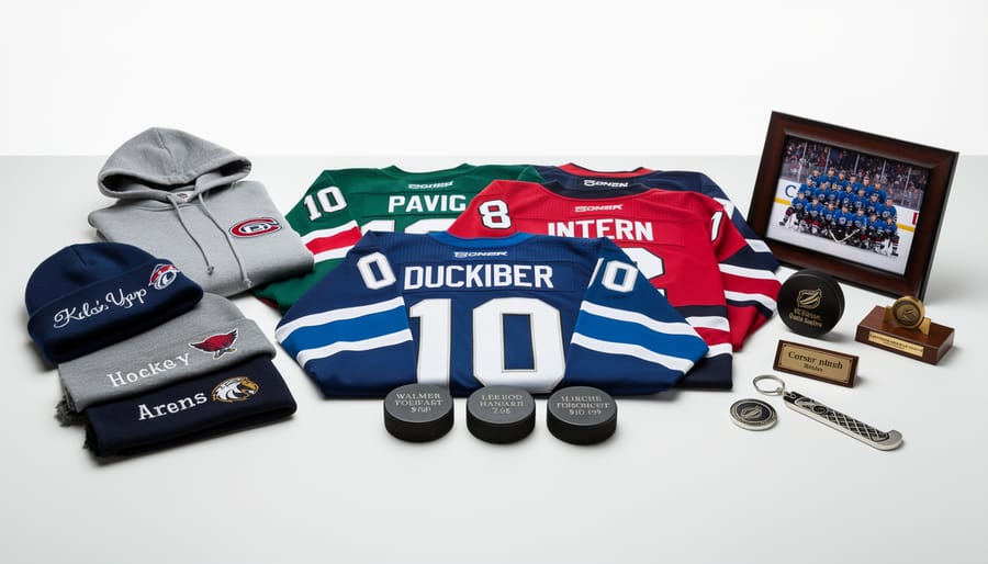 Assorted personalized ice hockey gifts laid out on a workbench, including a custom jersey, engraved puck, and personalized apparel