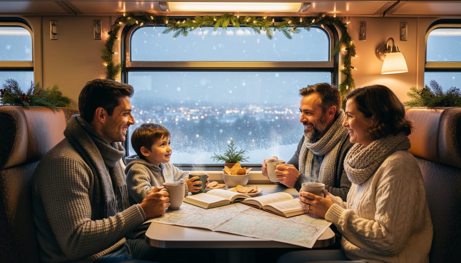 Family walking together on forest path during winter holiday trip