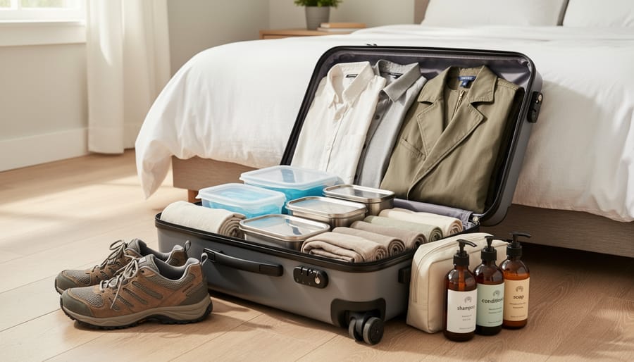 Sustainable travel items including reusable containers and eco-friendly toiletries packed in suitcase