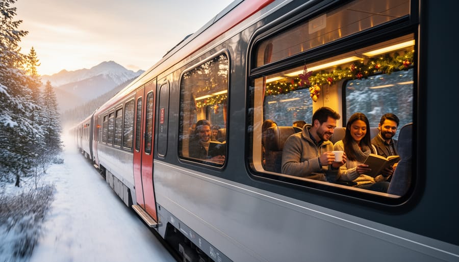 Passenger train traveling through snowy winter forest landscape