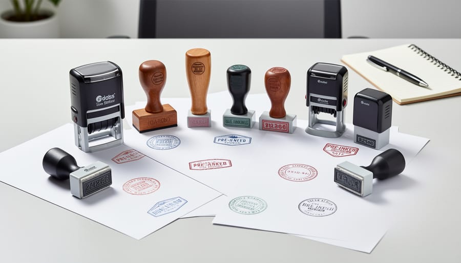 Assorted personalized stamp types laid out on a desk beside fabric swatches and stationery.