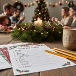 Christmas dinner table with paper word scramble worksheets and pencils, lit by warm holiday lights and surrounded by seasonal decorations.