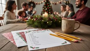 12 Christmas Word Scramble Games to Spark Holiday Cheer Christmas dinner table with paper word scramble worksheets and pencils, lit by warm holiday lights and surrounded by seasonal decorations.