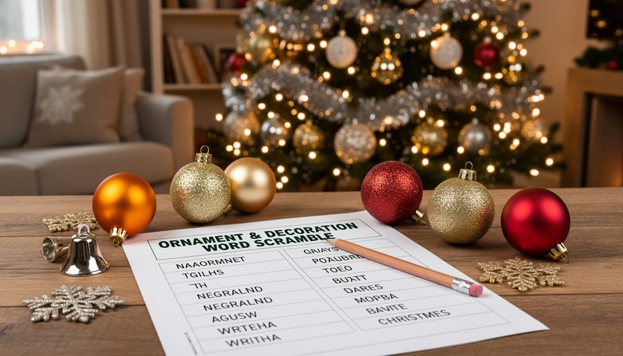 Close-up of a Christmas tree ornament with warm string lights and garland in the background for a decoration decoder scramble.