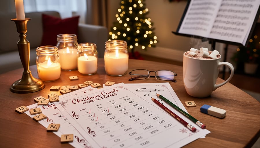 Cozy Christmas tabletop with an open music binder, blank paper, and candlelight suggesting a carol title scramble game.