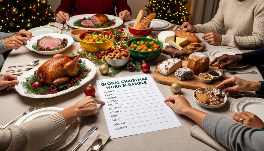 Family holiday table with diverse festive platters and candles suggesting a Christmas around the world word scramble.