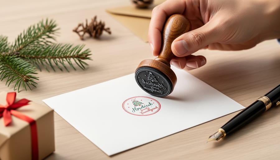 Hand pressing a personalized self-inking stamp onto a holiday card with textured paper.
