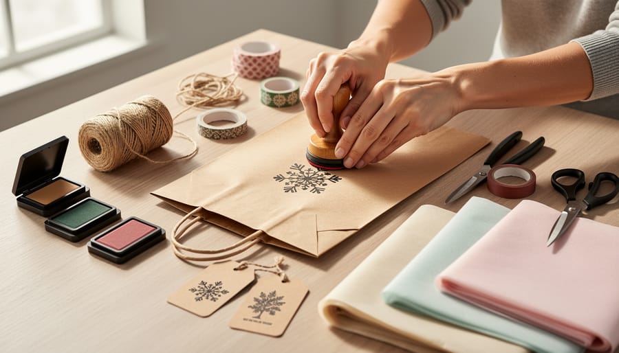 Hands stamping a kraft gift bag with a personalized stamp at a holiday wrapping station.