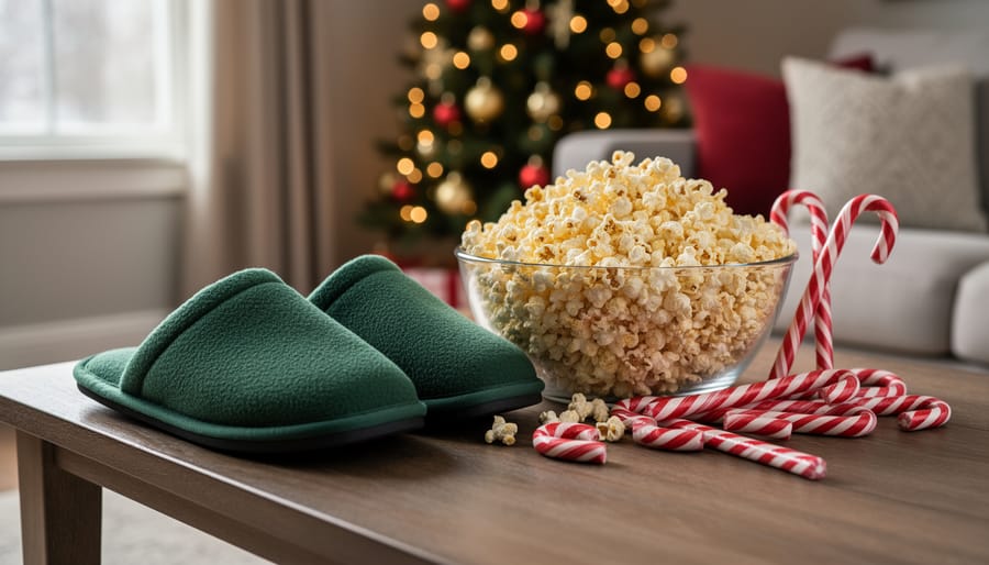 Holiday movie themed coffee table scene with green slippers, popcorn, and candy canes representing a Christmas movie character scramble.