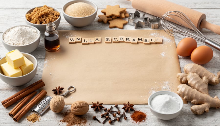 Overhead view of Christmas baking ingredients including cinnamon, brown sugar, flour, and gingerbread cookies.