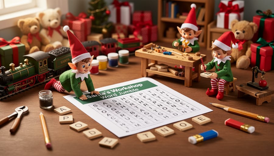Santa’s workshop tabletop with toy miniatures and elf figurines glowing under warm light, ideal for a word jumble game.