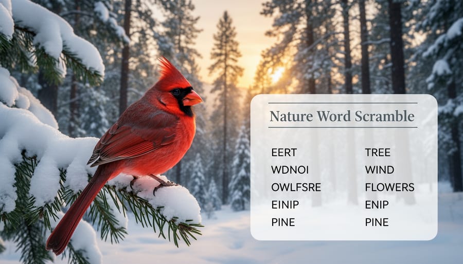 Snowy evergreen branch with a red cardinal perched, representing winter wonder words like evergreen and snowflake.