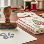 Close-up of a personalized wooden-handled stamp on a desk blotter with holiday cards and gift tags beside it, under soft natural light.