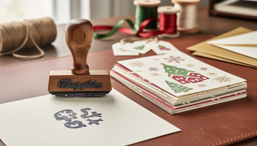 Close-up of a personalized wooden-handled stamp on a desk blotter with holiday cards and gift tags beside it, under soft natural light.