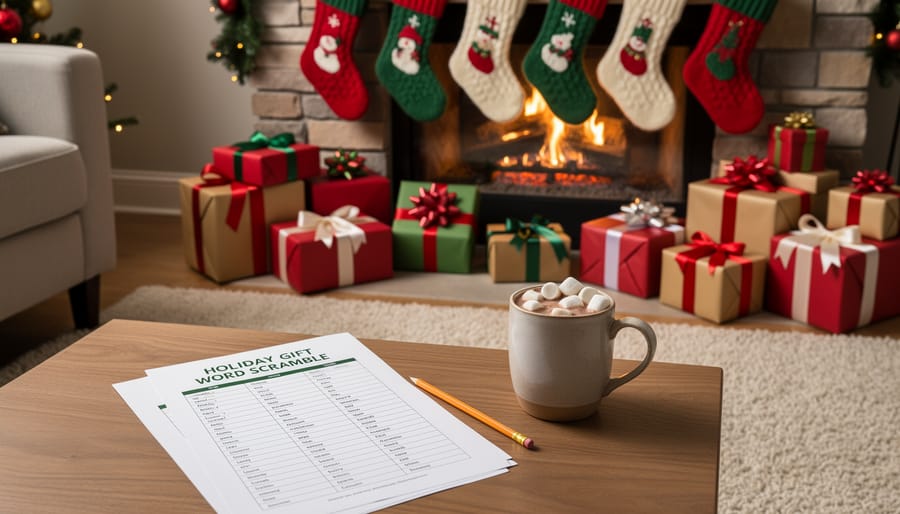 Wrapped holiday presents with ribbons and gift tags beside hanging stockings for a gift-giving word puzzle.