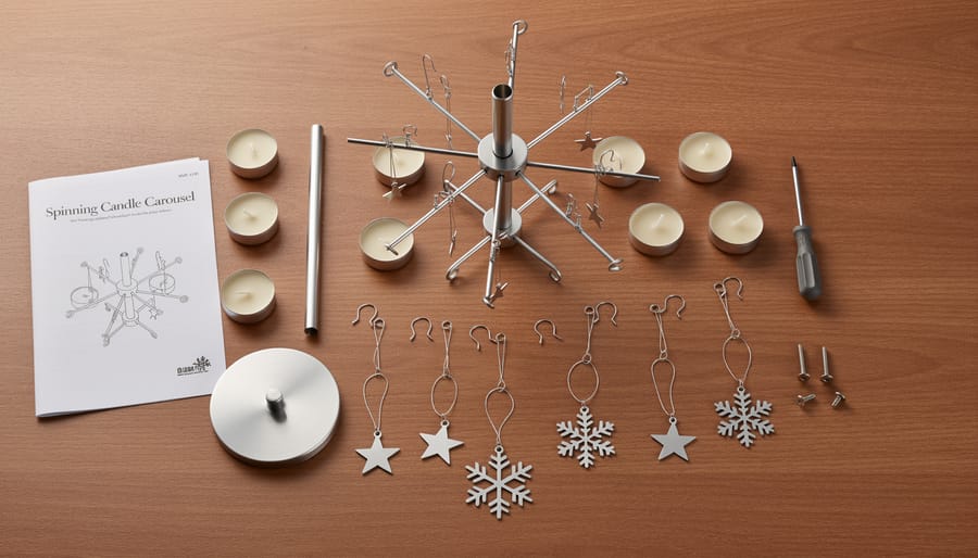 Tools and materials laid out on a workbench for building a candle Christmas carousel, including candles, propeller blades, and holiday figurines.
