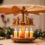 A glowing candle Christmas carousel spinning above a holiday table, illuminated by tea lights and surrounded by festive decorations.