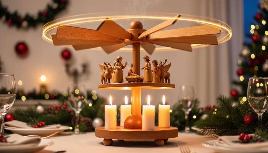A glowing candle Christmas carousel spinning above a holiday table, illuminated by tea lights and surrounded by festive decorations.
