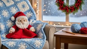 How to Crochet Christmas Decorations and Gifts: 25 Free Patterns for 2026 A plush Santa snuggler and crocheted snowflake throw with a berry wreath displayed on a chair and craft table under soft winter light.