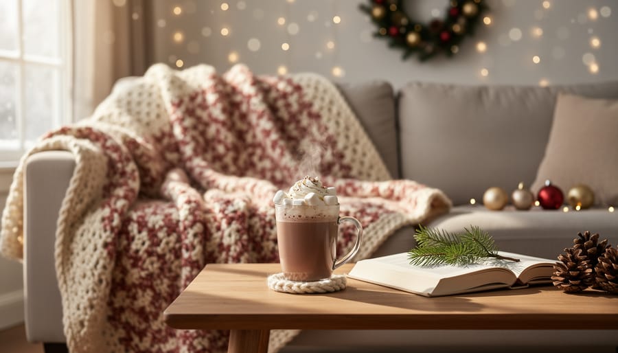 Crocheted winter blanket draped on a couch with hot chocolate and Christmas decor in the background