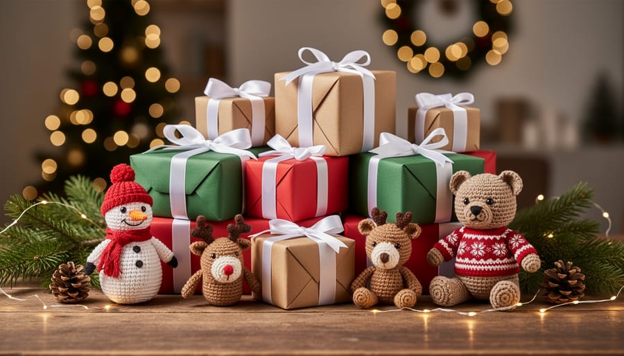 Crocheted Christmas amigurumi penguin and Santa beside wrapped holiday gifts on a lit tabletop