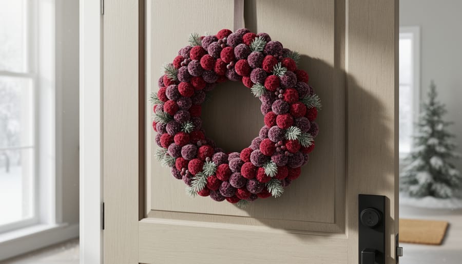 Handmade crocheted Christmas wreath with berry accents hanging on a front door