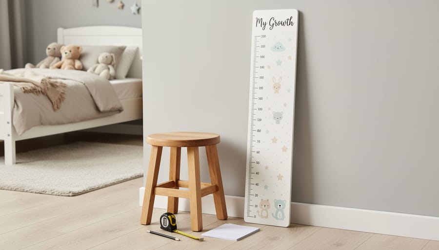 Growth chart displayed in a child’s room with height measurement tape nearby