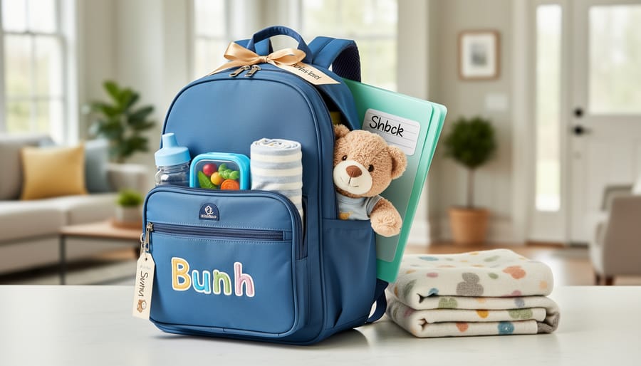 Custom toddler backpack with toddler-sized essentials arranged on a bench