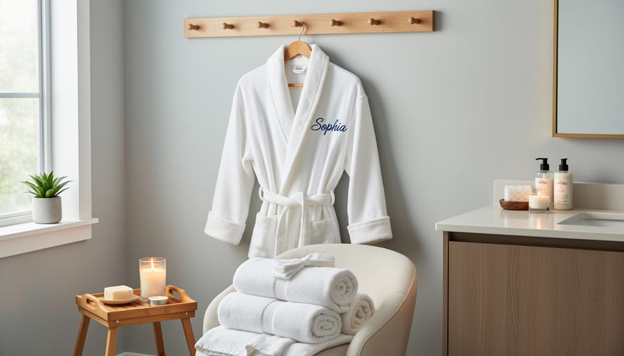 Embroidered toddler robe styled with bath essentials on a bed