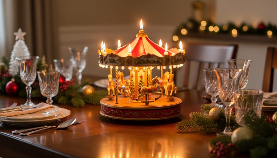 A candle-powered Christmas carousel spinning with warm candle flames in a festive holiday setting.