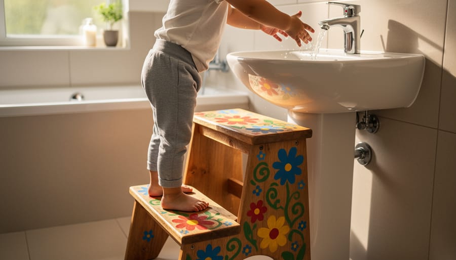 Toddler standing on a hand-painted step stool next to a bathroom sink