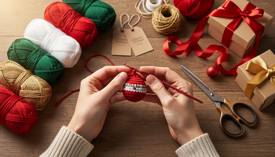 Hands crocheting a red and white Christmas ornament with yarn and small crocheted decorations on a wooden table