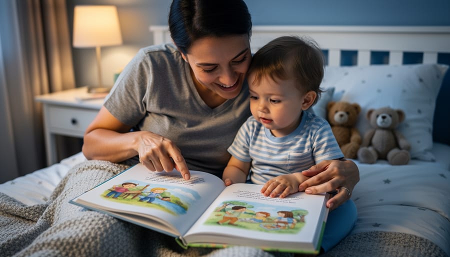 Parent and toddler reading an open personalized storybook at bedtime