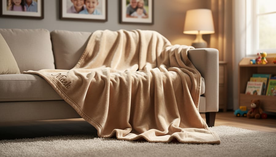 Cozy toddler blanket with personalized look draped over a sofa