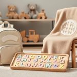 Personalized toddler keepsakes—wooden name puzzle, embroidered backpack, and a monogrammed blanket—styled together in a cozy nursery.