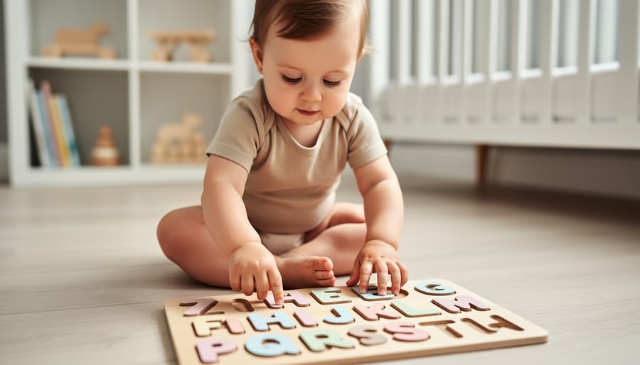 Toddler hands playing with a personalized wooden name puzzle on a rug