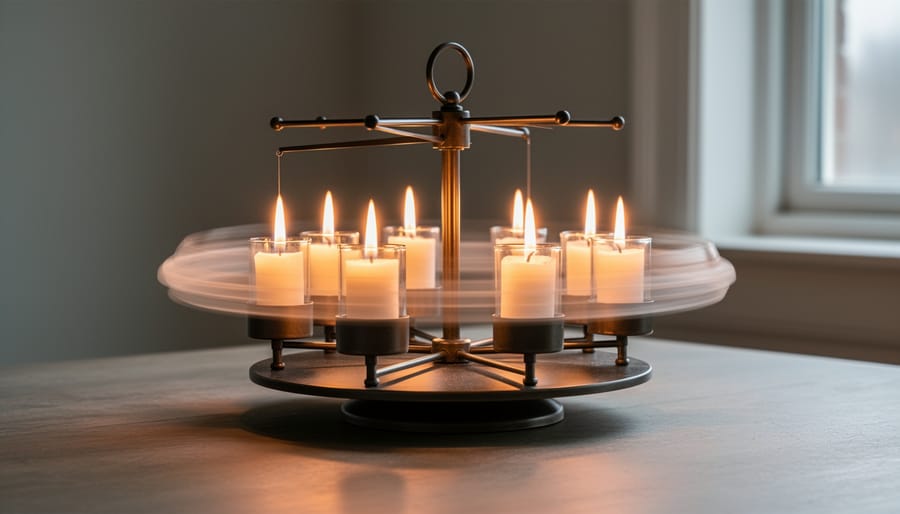 Candle Christmas carousel spinning safely on a stable outdoor surface with visible burning flames and surrounding holiday lights.