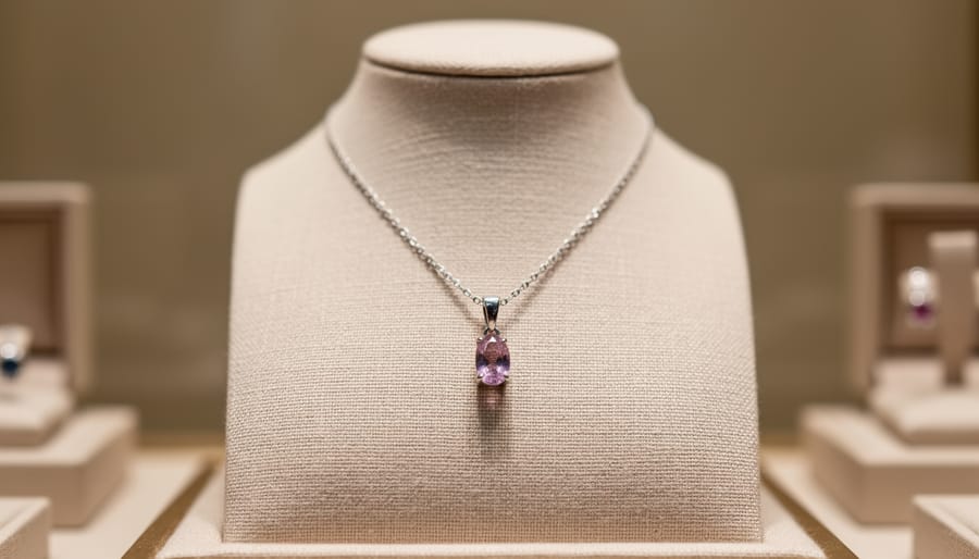 Birthstone necklace on a velvet tray with pendant detail in soft light