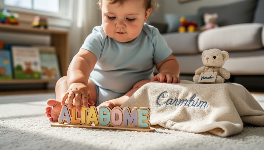 Toddler hands holding a wooden keepsake piece on a cozy rug with warm natural light