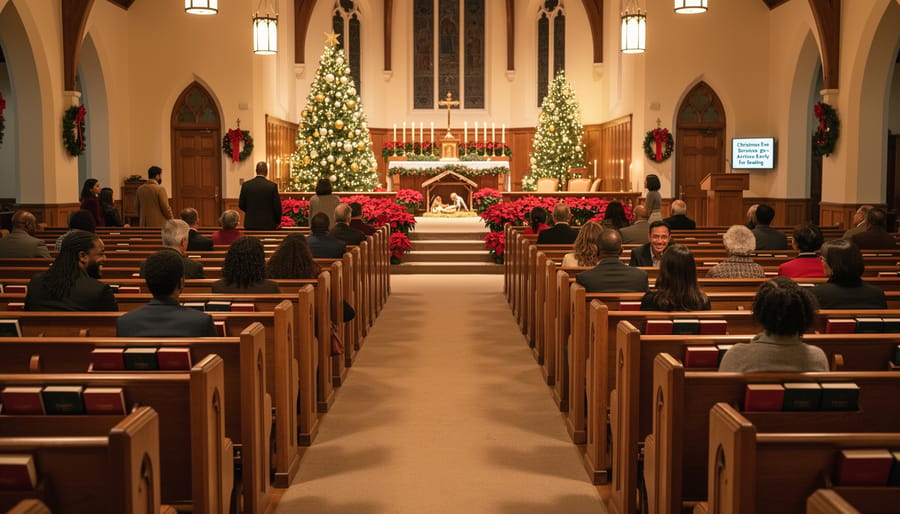 Warmly lit church interior with empty pews and Christmas decor in the distance.