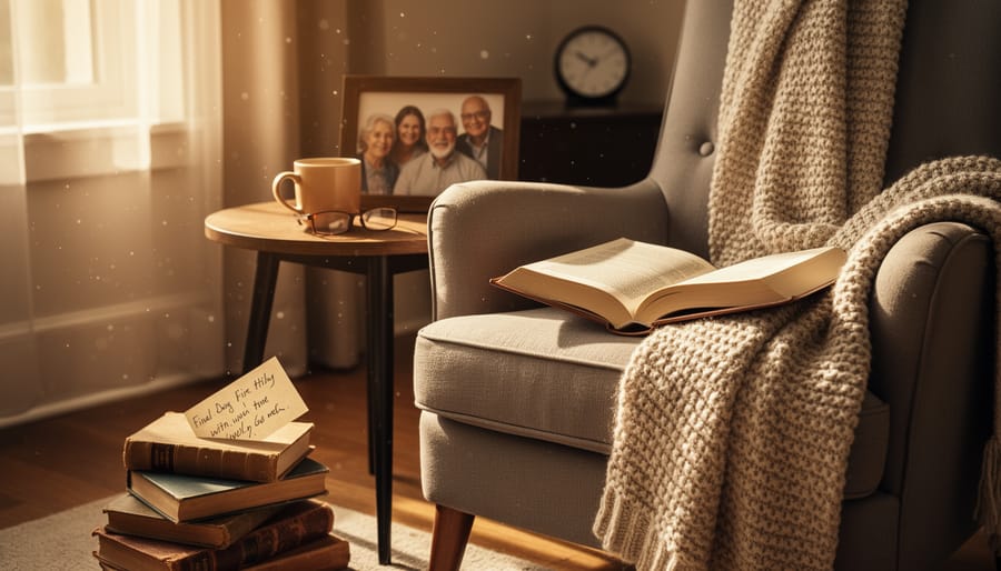 Christmas storybooks and a lantern in a cozy reading nook with a child’s hand holding a bookmark.