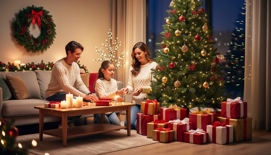 Family decorating a cozy living room with a wreath and string lights during the Christmas season.