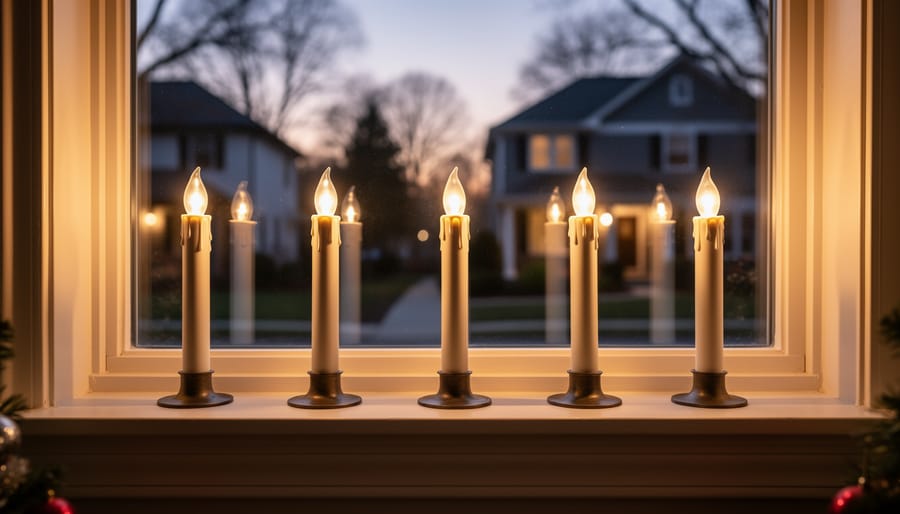 Five electric window candles with warm glowing LED flames displayed on a home window sill at dusk.
