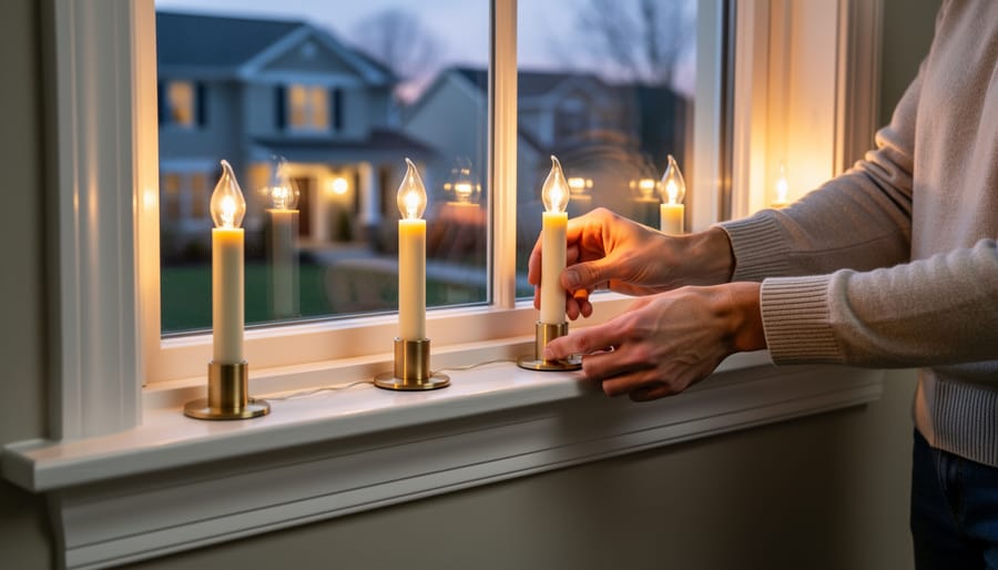 Person’s hands installing electric window Christmas candles on a window sill near a power connection