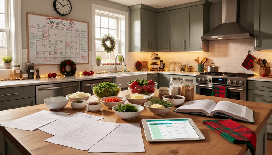 Hands preparing holiday meal ingredients on a kitchen counter with recipe cards and cookware.