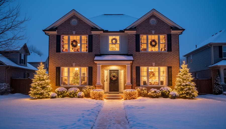Residential house exterior at night with glowing electric window Christmas candles in several windows